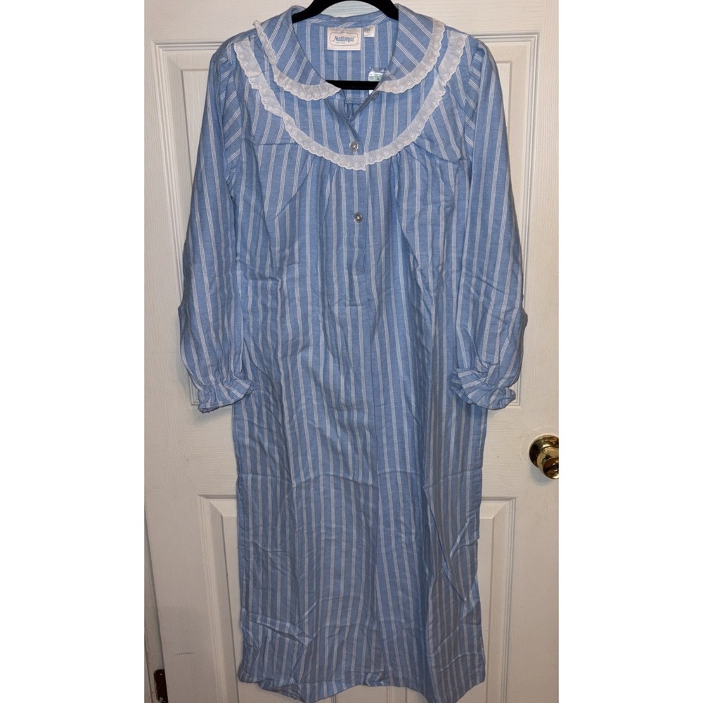 NWT National S Petite PS Blue Striped Flannel Housecoat Dress Grannycore Lace
